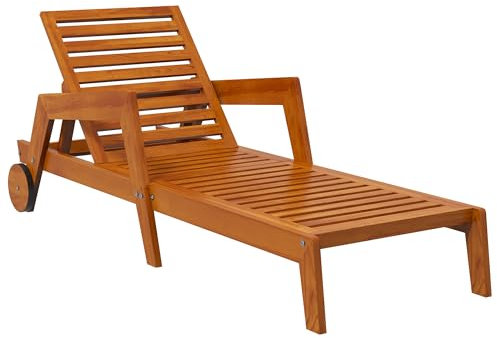 Outsunny Sonnenliege aus Holz, mit Latten, Gartenliege, Liegestuhl, Rückenlehne in 3 Positionen, Armlehnen, 2 Räder, Braun