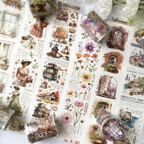 Washi Tape PET Scrapbook Zubehör Sticker 6 Rolls Coffee Blumen Sticker Aesthetic Dekoratives Washi Tape für Scrapbooking,Journaling, Bullet Journals, Planer, Kunst für Handwerk
