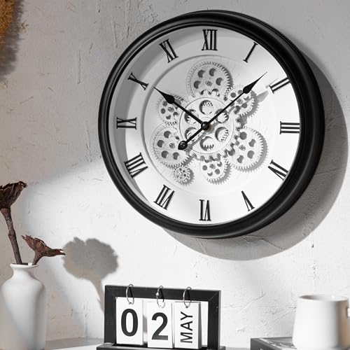 40cm große industrielle Zahnrad Wanduhr Steampunk Wohnzimmeruhr Vintage Metalloptik (minimalistisch schwarz-weiß)