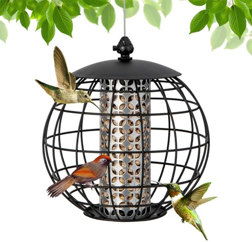 SOARS Vogelfutterspender zum aufhängen, Futtersäule mit Schutzkäfig Metall, Vogelfutterstation Vogelhaus Vogelfuttersilo Futterstelle für Vögel Wetterfest, 21 x 21 x 23 cm