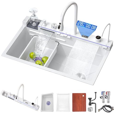 FIVIXIL Lavello da cucina Lavello a cascata digitale Whale Consolle multifunzionale con lavatazze, dispenser di sapone, dispenser a cascata Flying Rain, comando da tavolo (Bianco, 90 * 50 * 22cm)