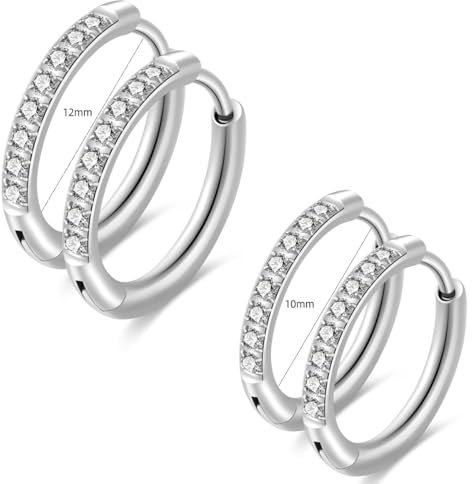 2 Paar Eleganter Kleiner Ohrringe 10/12mm Silber Creolen Leichte Ohrringe aus Chirurgischem Stahl 316L Hypoallergenisches Zirkonia-Ohrringset (Silber)