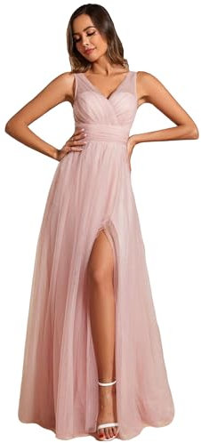 Ever-Pretty Abiti da Cerimonia Donna Lunghi Eleganti Tulle Senza Maniche Abito da Sera con Spacco Vestito da Paillettes Collo Alto Scollo a V Rosa 38