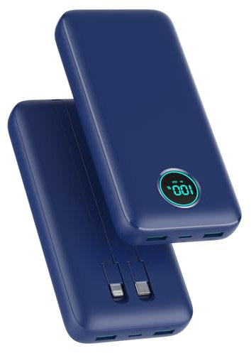Batterie Externe 26800mAh avec Câbles, PD 25W QC4.0 Charge Rapide Power Bank USB C Chargeur Portable avec 5 Sorties, Affichage LCD Batterie Portable pour iPhone 16/15/14, Samsung Huawei - Bleufoncé
