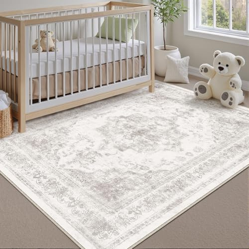 HUGEAR Vintage Grau Waschbarer Teppich Wohnzimmer 90x150cm Retro Rugs for Living Room Weich rutschfest Groß Tepich Kurzflor Schlafzimmer Carpet Living Room Bedroom Esszimmer Teppiche Büro