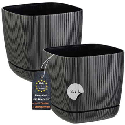 Engelland - 2 x Blumentopf mit Drainagesystem, Untersetzer, Farbe: Schwarz, Rillenoptik, Pflanz-Topf, Kübel, modern, Kunststoff, quadratisch, 24 x 24 cm, 8,7 Liter