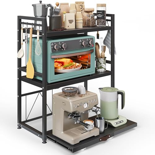 NETEL Erweiterbares Mikrowellen Regal mit schublade,Regal über Mikrowelle,Mikrowellenständer für Arbeitsplatte,küchenregal für Backofen/Kaffeemaschin,Microwave Stand mit 8 Haken,3 Stufig,Schwarz