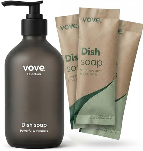 Vove Washing Up Liquid Starter Set, Glass Pump Bottle & 3 Refills | Bergamot mint and basil, powder-to-gel washing up liquid, plant-based concentrated formula, plastic-free packaging