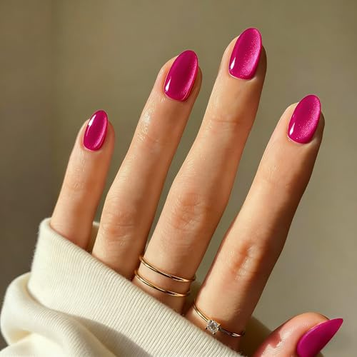 SXVME Cat Eye Press On Nails Short - Hot Pink False Nails Oval, 30 Pcs 15 Sizes Glitter Fake Nails Press ons, Upgrade Thick Quality, Reusable Short Almond Glue on Nail for Women, Fushia