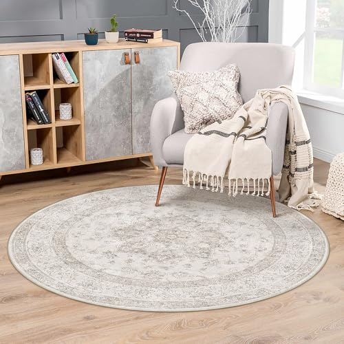 PureCozy Vintage Beige Teppich Rund 150cm Schlafzimmer Wohnzimmerteppich Boho Waschbarer Carpet Weich rutschfest Teppiche Esszimmer Büro Kurzflor Runder Tepich
