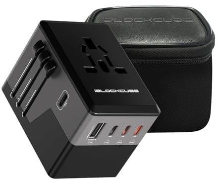 iBlockCube Worldwide Travel Plug Adapter with 2 USB (2.4A) Charging Ports, International Universal AC Socket, Dual Safety Fuse, Chip Protector for US UK EU AU Mobile Phone Tablet Laptop Gadget (Black)