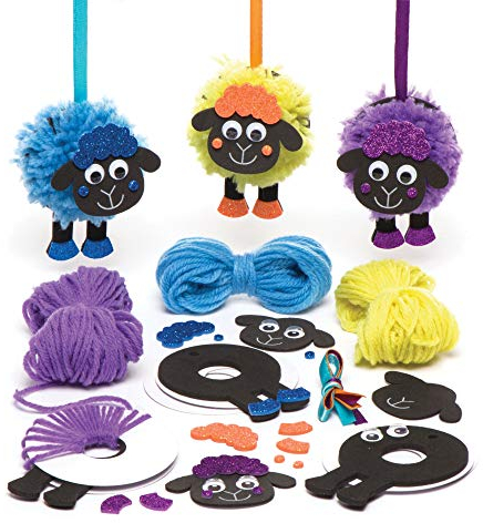 Baker Ross Bastelsets für Pompon-Anhänger „Flauschige Schäfchen“ (3 Stück) – Frühlings-Bastelidee für Kinder zum Gestalten und Verschenken, Sortiert