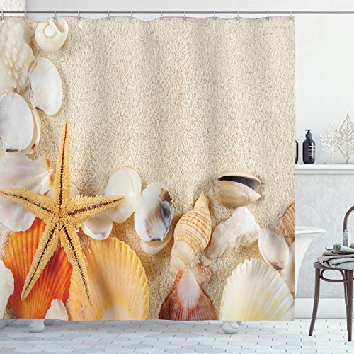 ABAKUHAUS Romantisch Duschvorhang, Muscheln Seestern, Stoffliches Gewebe Badezimmerdekorationsset mit Haken, 175 x 240 cm, Elfenbein Beige Creme