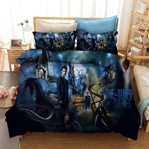 NICHIYO The Vampire Diaries Bettwäsche-Set – Bettbezug und Kissenbezug, Mikrofaser, 3D-Digitaldruck, dreiteilige Bettwäsche (16, Einzelbett 135 x 200 cm)