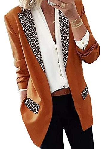 Donna Giacca Blazer Manica Lunga Stampa Leopardata Moda,Casual Giacca da Ufficio Business,Elegante Aperto Davanti Cardigan Giacche da Abito da Lavoro,Signora OL Tailleur Giacca senza Bottoni arancia L