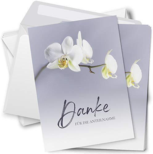 Trauer Danksagungskarten mit Umschlag | Motiv: Orchidee weiß, 10 Stück | Dankeskarten DIN A6 Set | Trauerkarten Danksagung Danke sagen