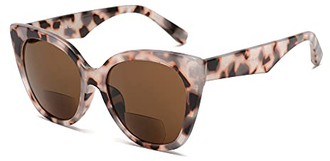 JM Classic Bifokal Lesebrillen Übergroße Cateye Stilvolle Sonnenbrillenleser für Damen Braun +2.0