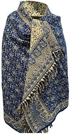 TIBET Winterschal mit Blumenmuster, reine Yakwolle, Schal, Dekoration, Wolldecke, Unisex, übergroß, doppelseitig, luxuriös, Einheitsgröße, blau, One size