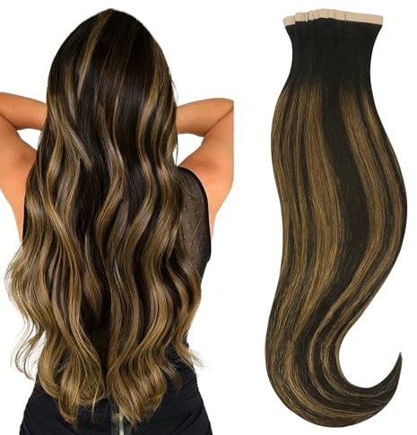 hotbanana Tape in Extensions Echthaar, 45cm Tape Extensions Echthaar 18 Zoll 20 Stück 50g Balayage Natürliches Schwarz bis Chestnut Braun Echthaar Extensions Tape Gerade Remy Echthaar Tape Extensions