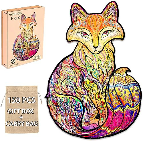 Wooden Animal Jigsaw Puzzles for Adults & Kids Unique Universal Colourful Fun Wood Challenging Puzzles for Family 150PCS - A4, 21x29.7cm - Fox