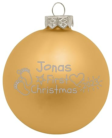 Deitert Weihnachtskugel mit Wunschtext Gravur, Ø 8cm, personalisierte Christbaumkugel aus Glas (matt), Individueller Weihnachtsbaumschmuck Namen oder Spruch, Babys First Christmas, Gold