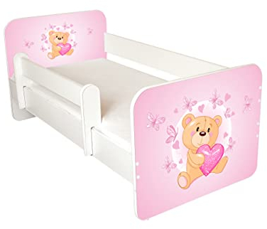 AS-TOR Kinderbett Jugendbett Igor 80x160cm mit Matratze und Abnehmbarem Geländer - Bett Schlafzimmer Kindermöbel Kinderbetten für Mädchen Junge, Massivholz, Solide Sicher, Rosa Teddybär