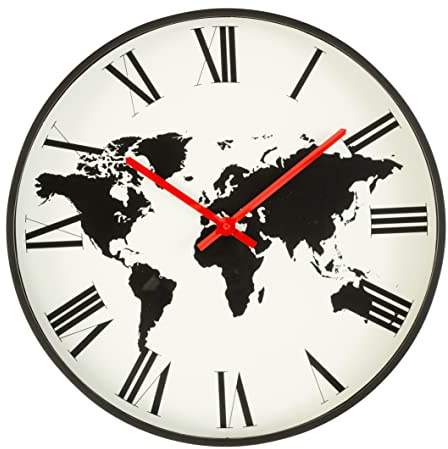 Baroni Home Wanduhr aus PVC, modern, leise, große Ziffern (Schwarz mit Welt)