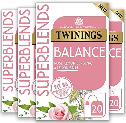 Twinings Superblend Balance Tea - Un infuso di erbe con melissa, verbena limone, petali di rosa, menta e vitamina B6 aggiunta, confezione da 4, 80 bustine di tè confezionate singolarmente.