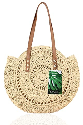 YXQSED Damen Gewebte Tasche Rund-Strandtasche Stroh Sommer Umhängetaschen Handgemachte Schultertaschen mit Reißverschluss Groß