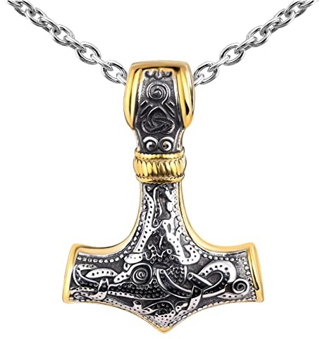 Feilok Men Amulet Necklace Thor's Hammer Pendant with Chain Viking Jewelry Stainless Steel/Gold Plated