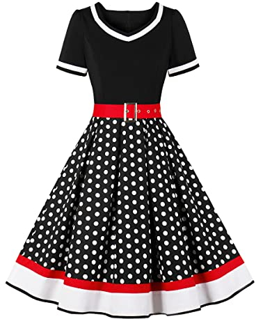 Rockabilly Kleider Damen 50er Jahre Petticoat Kleid Vintage Audrey Hepburn Kurzarm V-Ausschnitt Polka Dot Swing Coctailkleid Hochzeit Gast Festlich Knielang Sommerkleid Abendkleid Schwarz L
