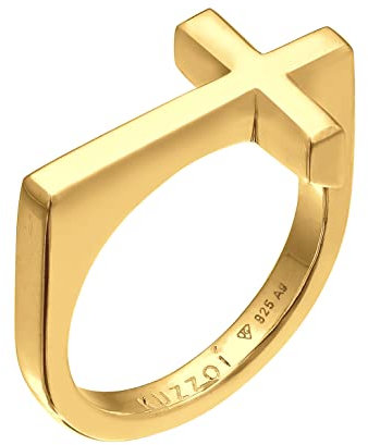 Kuzzoi Herrenring mit Kreuz Design poliert, Kreuzring (13 mm) für Männer aus 925 Sterling Silber vergoldet, Goldener Ring mit Glaubens Symbol, Ringgröße 60