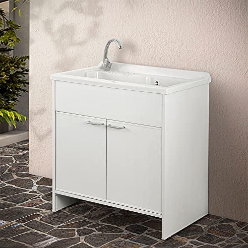 Mobile lavatoio Lavanderia 80x50, Ideale per Esterno e Interno, Resina PVC Bianco in Kit di Montaggio (Mobile Completo)