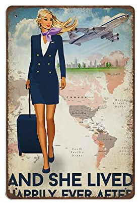Flight Attendant Blechschild, and She Lived Happily Ever After Blechschild, Air Stewardess Blechschild, Retro-Metallblechschild, Vintage-Kunstposter, Dekoration, lustige Geschenke, Vintage-Stil, Wandd