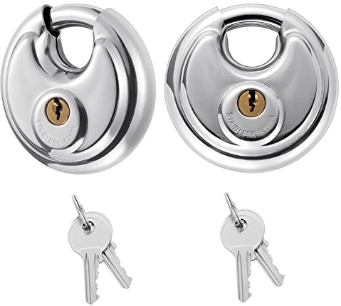 Mynoozi 2 PCS Cadenas Rond à Clé 70mm, Cadenas en Acier Inoxydable, Cadenas à Disque, Extérieur Robuste Cadenas pour Les Remises, Les Garages