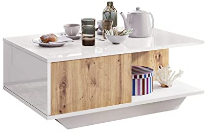 Table Basse de Salon, Moderne Table Salon avec un compartiment de rangement pratique, table centrale moderne et élégante pour thé et café, table d'appoint et table de salon (Gloss Blanc Artisan)