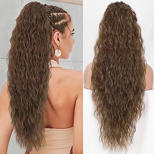 PORSMEER Pferdeschwanz Haarteil Lang 76 cm mit Kordelzug Wellig Locken Ponytail Extension Braun Natürliches Clip in Haarteil Ponytail Kunsthaar Haarzopf für Damen Afro Zopf Haarverlängerunge