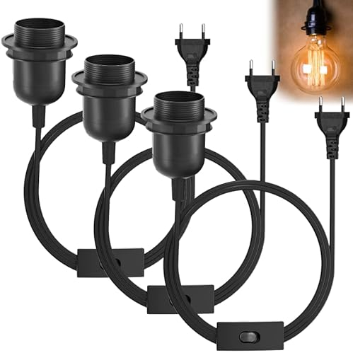 Lot de 3 douilles de lampe E27 avec interrupteur avec fiche, douille E27 avec câble de 3,5 m, câble d'alimentation noir E27 douille E27 douille de lampe avec câble pour cuisine, salon