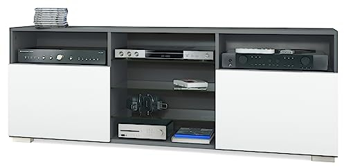 Vladon TV-Board Granada, Lowboard mit 2 Türen und 6 offenen Fächern, Korpus Anthrazit matt, Fronten in Weiß matt (146 x 54 x 35 cm)