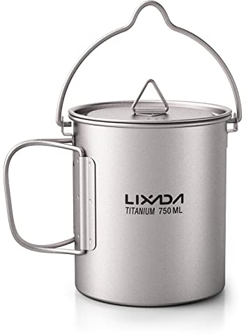 HUIOP Ultralight 750ml Titanium Pot Portable Titanium Water Mug Cup with Lid and Foldable Handle Outdoor Camping Cooking Picnic