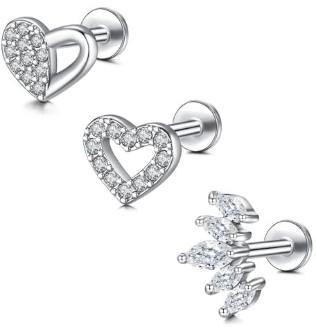 Briana Williams Tragus Earring Flat Back 16g Silver Diamond Lip Labret Bar 6mm 8mm Stud Helix Piercing Jewellery