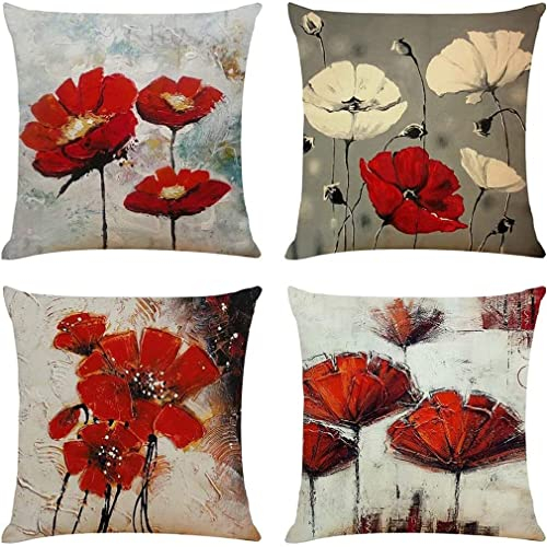 DILOXNSU Kissenbezug 45x45 4er Set Kissenbezüge Rot Kunst Blume Dekokissen Modern Sofakissen Leinen Kissenhülle Deko Kissen Aesthetic Couchkissen Kuschelkissen für Sofa Wohnzimmer Zierkissen