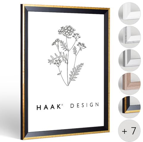 Haak Bilderrahmen schmal RICO 29,7 X 42 cm (DIN A3) Schwarz Gold glänzend Rahmen für Poster Puzzle Bilder Elegant