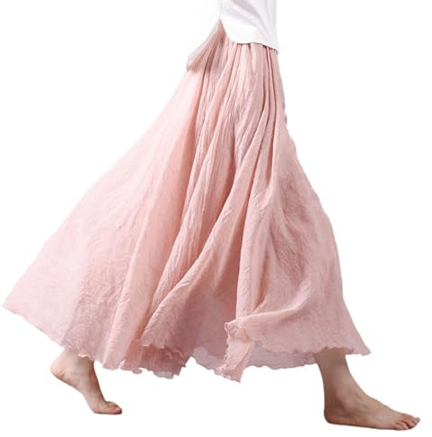 BEAUTYLAST Jupe bohème en coton et lin pour femme, taille élastique, longue, fluide et décontractée, pour l'été, la plage, les vacances (rose clair, 85 cm de longueur), rose