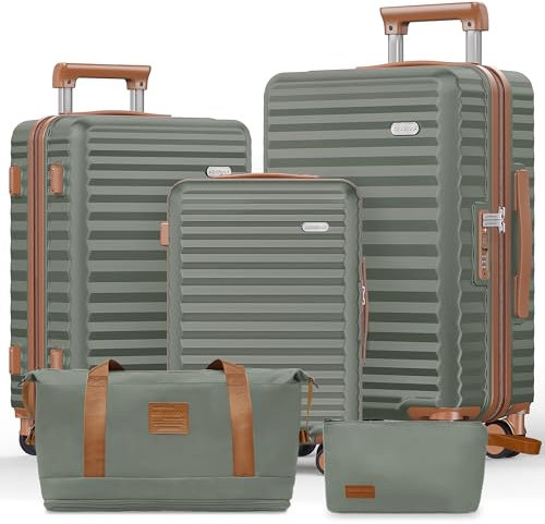 SHOWKOO Kofferset 5 Teilig Leicht Hartschale 100% Polycarbonate Erweiterbar Reisekoffer Große Kapazität Hartschalenkoffer Set Trolley Handgepäck Mit 1 Reisetasche und 1 Kulturbeutel, Hellgrün