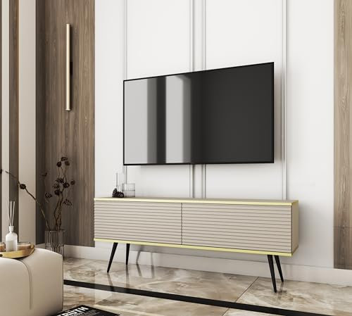 3E 3xE living.com Meuble TV avec lamelles en Couleur Beige avec Pieds en Noir, D : L : 135 cm, H : cm, P : 32 cm