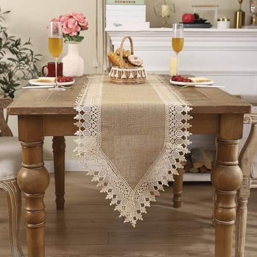 Jute Tischläufer mit Quasten Spitze Bestickt 40cm x 90cm Jutestoff Juteband Böhmische Juteläufer Tischband für Hochzeitsdeko Bauernhaus Tischdeko