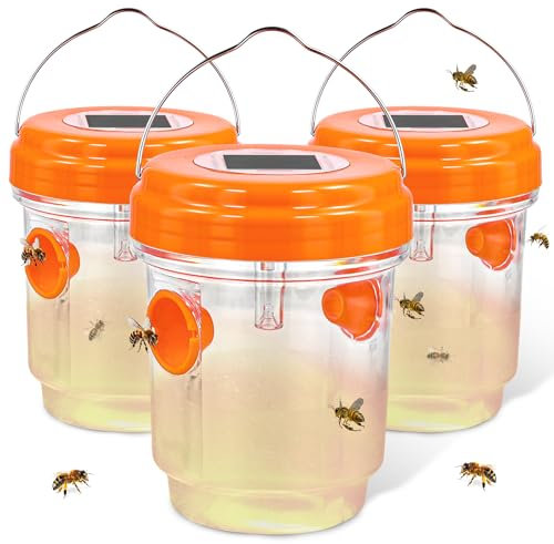 3 Pieces Carpenter Bee Trap Bee Cage, Wasp Bee Catcher Cage Outdoor Hanging with Solar LED Light Yellow Jacket Cage for Outside Patio, Yard, Garden within Hours Wasp Cage