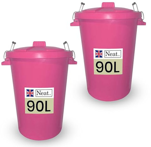 Neat. Heavy Duty Large Plastic Bins, Pink, 2Pack - 90L Capacity, Metal Handle, Lid, Indoor/Outdoor Use, Rubbish Waste, Animal Feed Storage