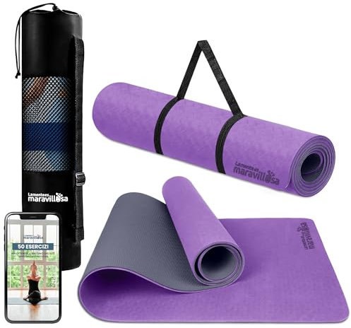 LA MENTE ES MARAVILLOSA - Gymnastikmatte, Rutschfest Yogamatte inkl. Tragegurt + Tasche + Übungs-E-Book, Hautfreundliches TPE für Fitness/Pilates/Workout 183x61 cm (Lila/Schwarz ohne Design)